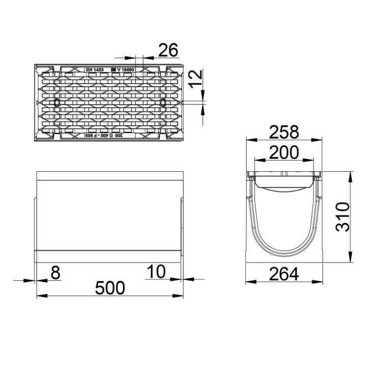 Roostergoot Maxi F1 200. L=0,5m. Langstaafrooster. H=310mm. F900KN
