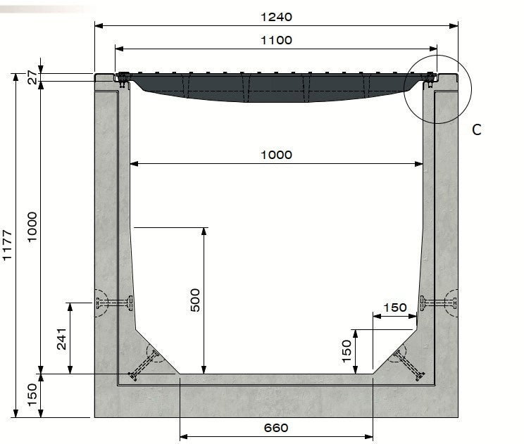 Grate gutter 100100. D400. Inset grille. L=3m. For cast iron grid