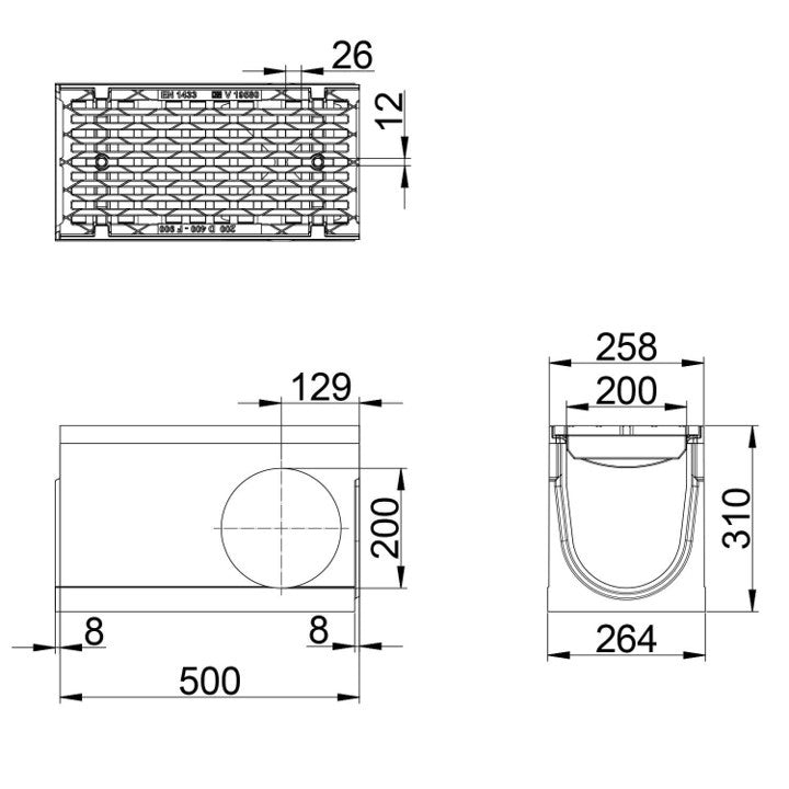 Gitterrinne Maxi F1 200. L=0,5m. Langer Stabrost. H=310mm. Eck- und T-Stück. F900KN