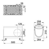 Gitterrinne Maxi F1 200. L=0,5m. Langer Stabrost. H=310mm. Eck- und T-Stück. F900KN