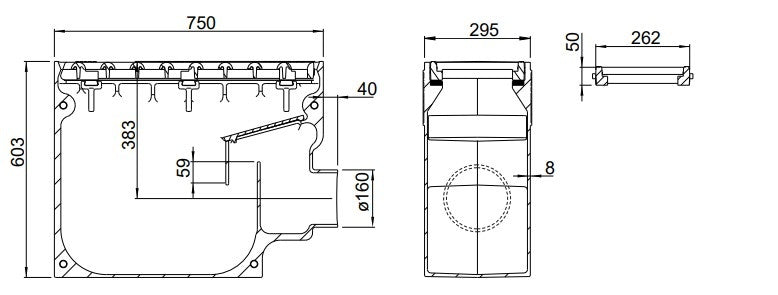 Cast iron street gully 3060EP1. PVC rear outlet 160. lxwxh=750x295x603mm