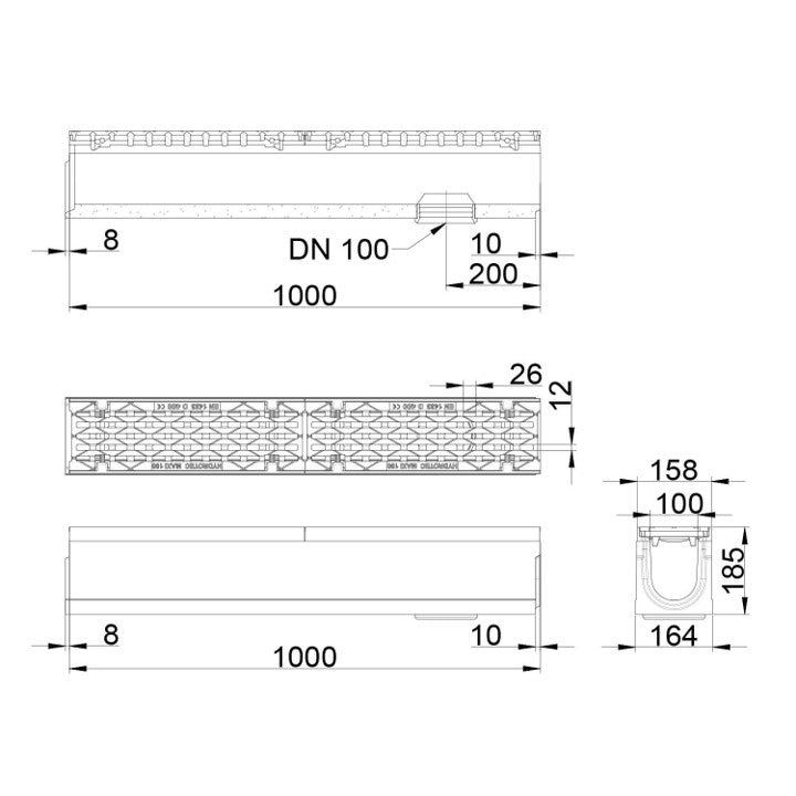 Gitterrinne 100 mm breit. Maxi 100. L=1m. Langer Stabrost. D400KN