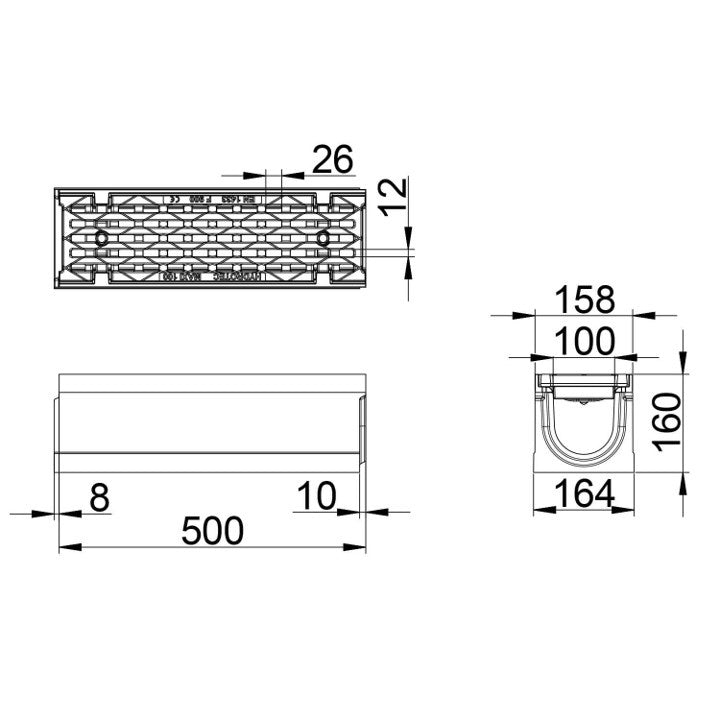 Gitterrinne Maxi F1 100. L=0,5m. Langer Stabrost. H=160mm. F900KN