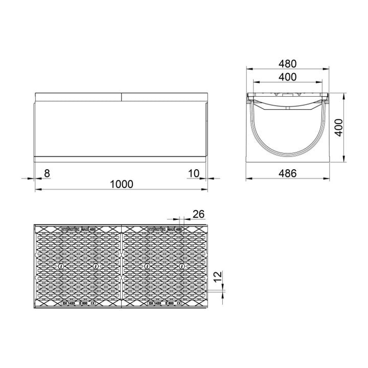 Gitterrinne 400 mm breit. Maxi Pro 400. L=1m. Langer Stabrost. E600KN