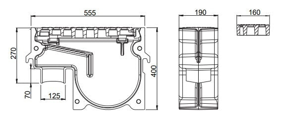 Gietijzeren straatkolk 1940TP7. PVC onderuitlaat 125. lxbxh=555x190x400mm