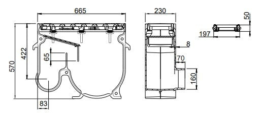 Cast iron street gully 2357LP0. PVC side exhaust 160. lxwxh=665x230x570mm
