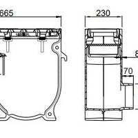Cast iron street gully 2357LP0. PVC side exhaust 160. lxwxh=665x230x570mm