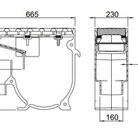 Gietijzeren straatkolk 2357TP0. PVC onderuitlaat 160. lxbxh=665x230x572mm