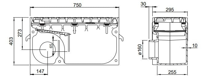 Gietijzeren straatkolk 3040LP7. PVC zijuitlaat 160. lxbxh=750x295x403mm