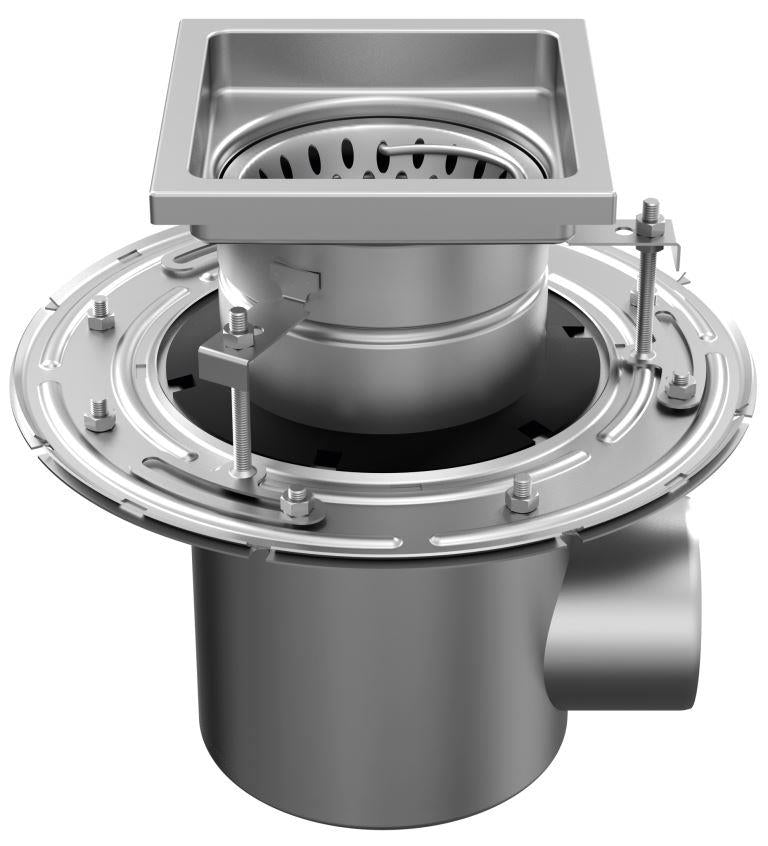 Zweiteiliger Abfluss aus Edelstahl W200. Plattengitter. M/125KN. Seitenauswurf 75 mm