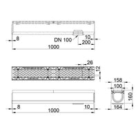 Roostergoot Maxi 100. L=1m. Langstaafrooster. H=160mm, onderafvoer 110mm. D400KN