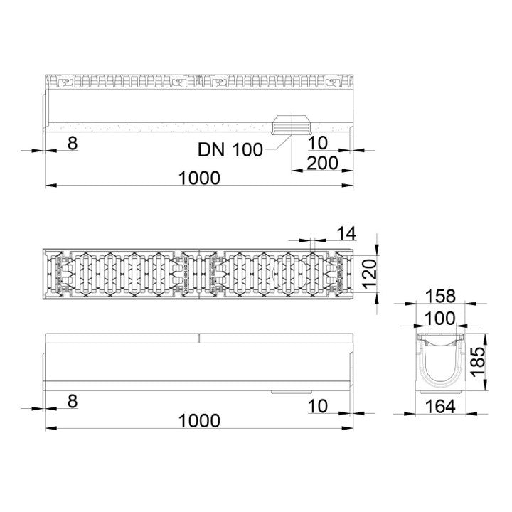 Grate gutter 100mm wide. Maxi 100. L=1m. Slot grille. C250KN