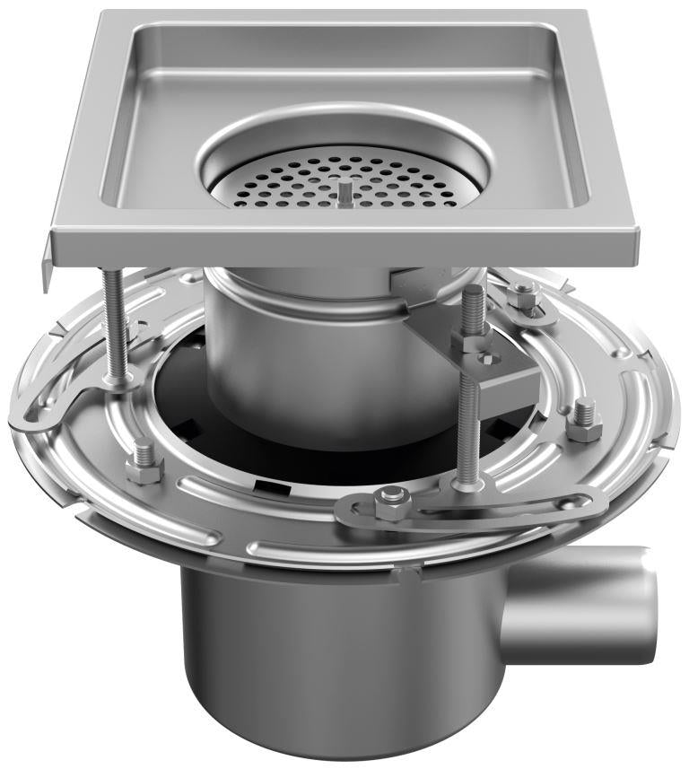 RVS tweedelige afvoerput WM200. Mini. Staafrooster. M/125KN. Zijafvoer 50mm