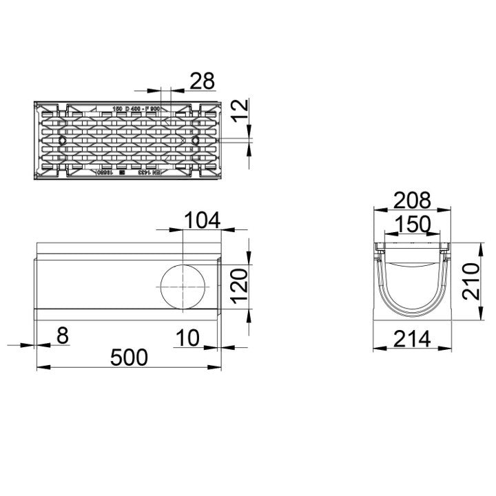 Maxi F1 150 Gutter. L=0.5m. Long-rod grating. H=210mm. Corner and T-piece. F900KN