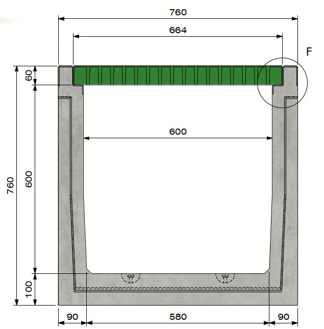 Kabelkanal 6060. C250. Eingelassener Deckel. L=1m