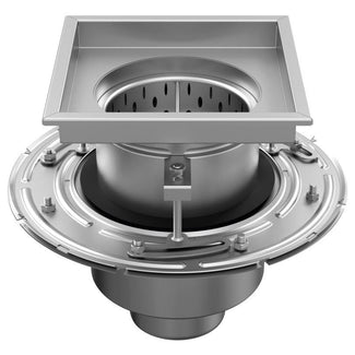 RVS tweedelige afvoerput W200. Perforooster. L/15KN. Onderafvoer 110mm