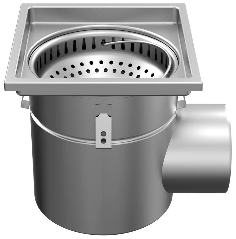 Stainless steel one-piece drain W400. Plate grid. M/125KN. Side discharge 200mm