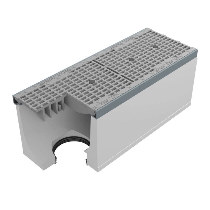 Gitterrinne 300 mm breit. Maxi Pro 300. L=1m. Langer Stabrost. F900KN. Unter dem Abfluss 200 mm