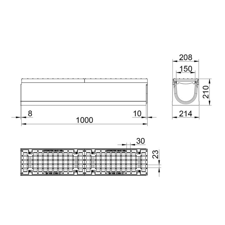 Grate gutter Maxi 150. L=1m. Mesh grid. H=210mm. E600KN