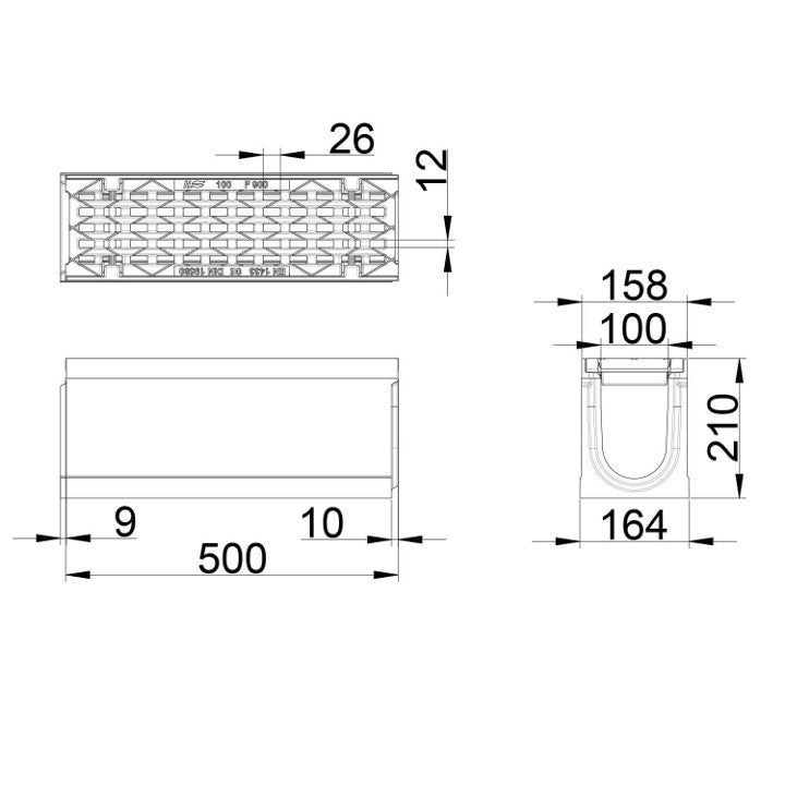 Grate gutter 100mm wide. Maxi 100. L=0.5m. Long bar grating. F900KN