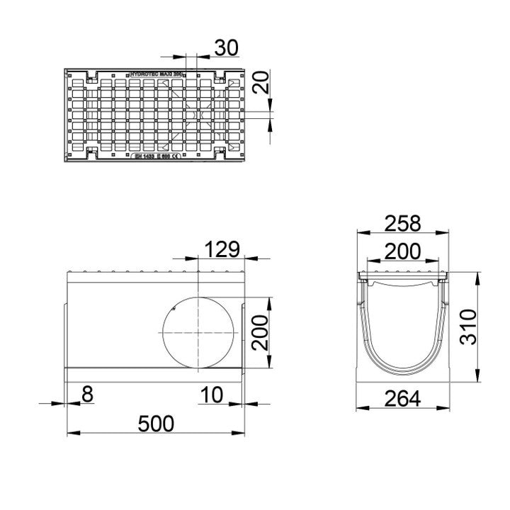 Gitterrinne 200 mm breit. Maxi 200. L=0,5m. Mesh-Gitter. E600KN