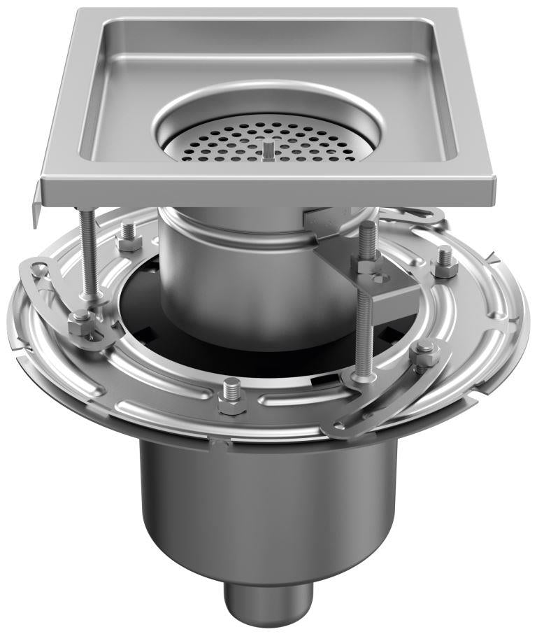 RVS tweedelige afvoerput WM200. Mini. Perforooster. L/15KN. Onderafvoer 75mm