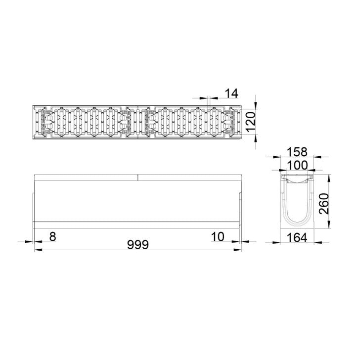 Grate gutter Maxi 100. L=1m. Slot grille. H=260mm. C250KN