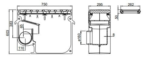 Cast iron street gully 3060LP7. PVC side exhaust 160. lxwxh=750x295x603mm
