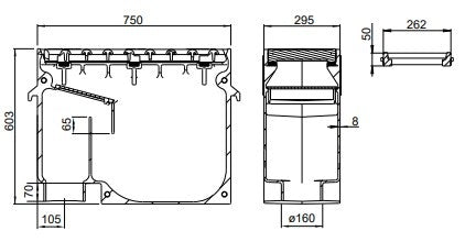 Cast iron street gully 3060TP7. PVC bottom outlet 160. lxwxh=750x295x603mm