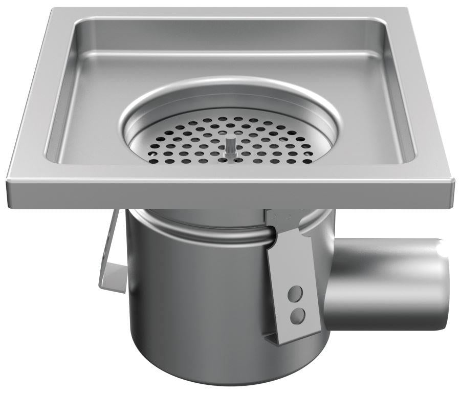 RVS eendelige afvoerput WM200. Mini. Plaatrooster. M/125KN. Zijafvoer 75mm