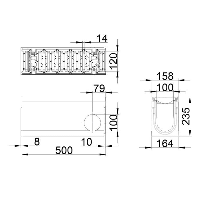 Maxi 100 Gutter. L=0.5m. Slotted grating. H=235mm. Corner and T-piece. C250KN