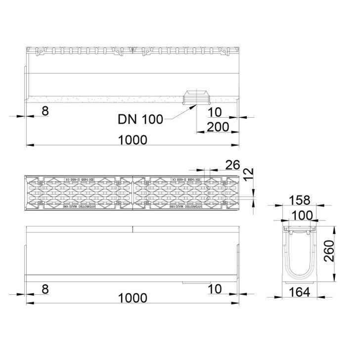 Grate gutter 100mm wide. Maxi 100. L=1m. Long bar grate. D400KN